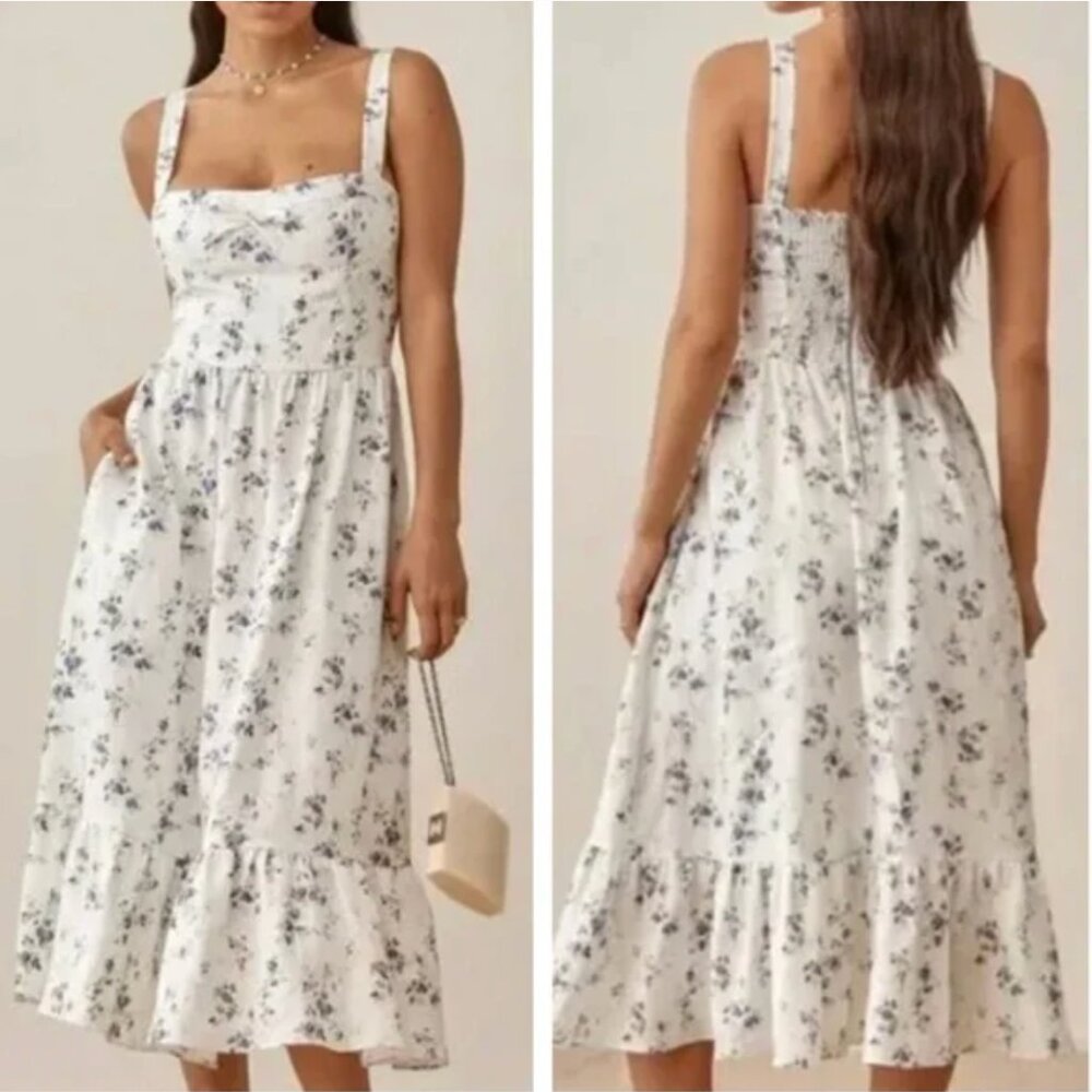 Reformation Maegan Linen Midi Dress Sz2 Madeline White Blue Floral Causal